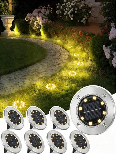 4/1 piezas Luces de camino cálidas blancas alimentadas por energía solar para exteriores, luces de suelo solares - Iluminación de suelo solar de 8 LED, acero inoxidable resistente al agua, iluminación de paisaje solar para exteriores, luces de jardín solares, 8 luces de disco solares, iluminación de paisaje solar, adecuadas para decoración del hogar, entrada, patio, jardín, césped, camino, entrada, piscina, área de juegos para iluminación exterior