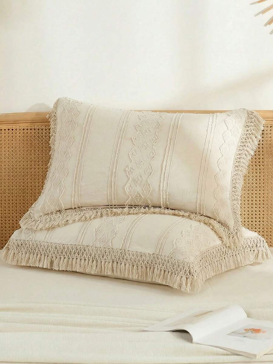 2pcs Tufted Jacquard Polyester Pillowcase Set With Tassels, Modern Farmhouse Style, Suitable For All Seasons, Soft & Breathable, Machine Washable (Pillow Insert Not Included) - Khaki - View 1
