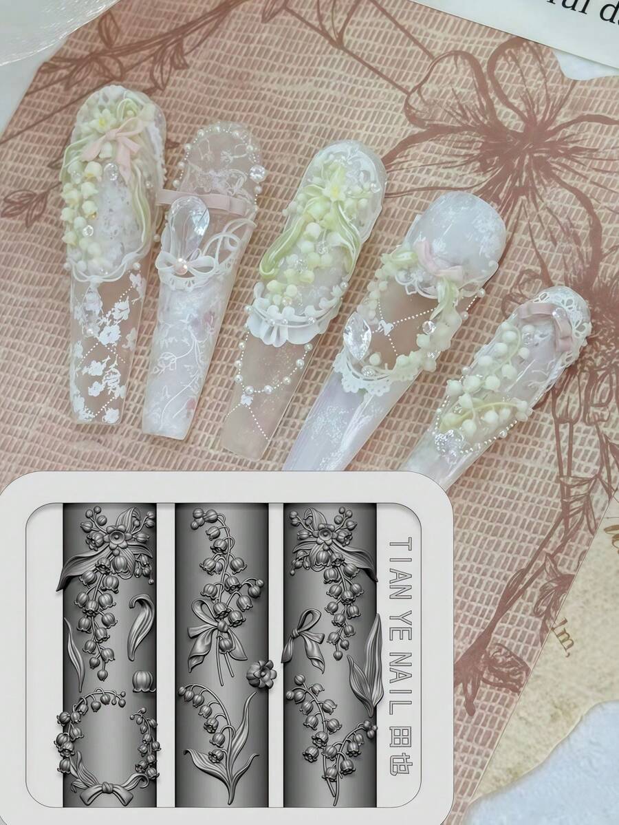 1 khuôn silicon trong suốt khắc 3D hình hoa linh lan, hoa mẫu đơn để trang trí móng tay. - Trong sáng - Xem 1