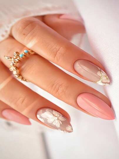 French Floral Acrylic Nails, 24Pcs Medium Almond-Shaped Press On Tips, DIY Nail Art Glitter And Decorative False Nail Set, Suitable For Nail Salons, Girls And Women, For Everyday Wear, Holiday Parties, And Gifts