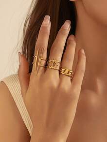 3pcs Minimalist Geometric Line Stainless Steel Adjustable Open Rings, High-End Elegant, Suitable For Women's Daily, Party, And Date Wear - Gold - View 1