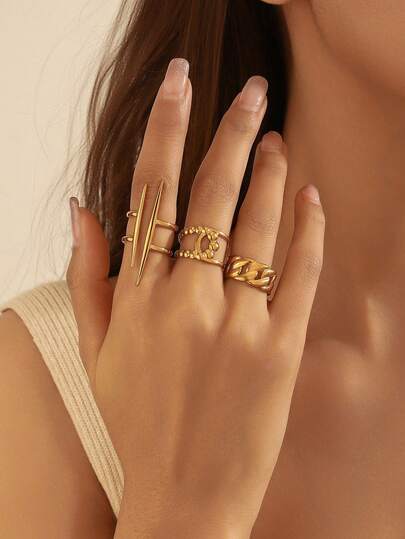  3pcs Minimalist Geometric Line Stainless Steel Adjustable Open Rings, High-End Elegant, Suitable For Women's Daily, Party, And Date Wear