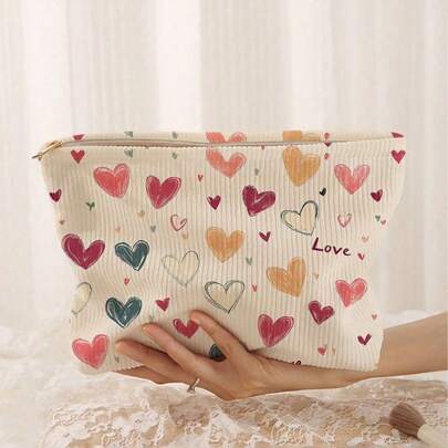 Corduroy Cosmetics Storage Bag Portable Makeup Bag With Colorful Heart Pattern Travel Zipper Toiletry Bag