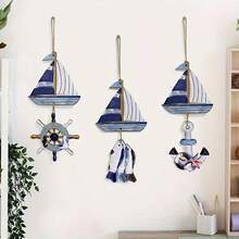 2D Flat Design, 3 Sets Of Summer Ocean Theme Decorations, Wooden Sailboat Pendant, Ocean Animal Decorations, Home Pool Party And Holiday Decorations, 2D Flat Design - Multicolor - View 4