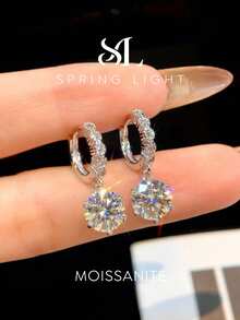 1 Pair 1 Carat 6-Prong Moissanite Tassel Stud Earrings, 925 Sterling Silver, Elegant Engagement Earrings, Bridal Wedding Jewelry, Luxury Jewelry Gift - Silver - View 1