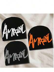 Y2K Graphic Beanie Hat, Unisex Gothic Style Knitted Warm Casual Beanies Outdoor Winter, Acrylic Autumn Outfits - A - 查看 9