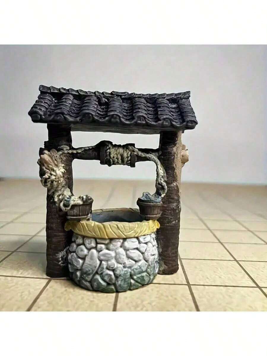 手工迷你复古许愿井 - 质朴ABS树脂材质,石质井盖,木板和梯子设计,可作为仙女花园和桌面摆件,适用于海边或花园场景,也可作为圣诞节、万圣节和秋季家居装饰收藏品、摄影道具、娃娃屋配件、DIY娃娃屋场景、娃娃家具等。 - 許願古井 - 查看 1