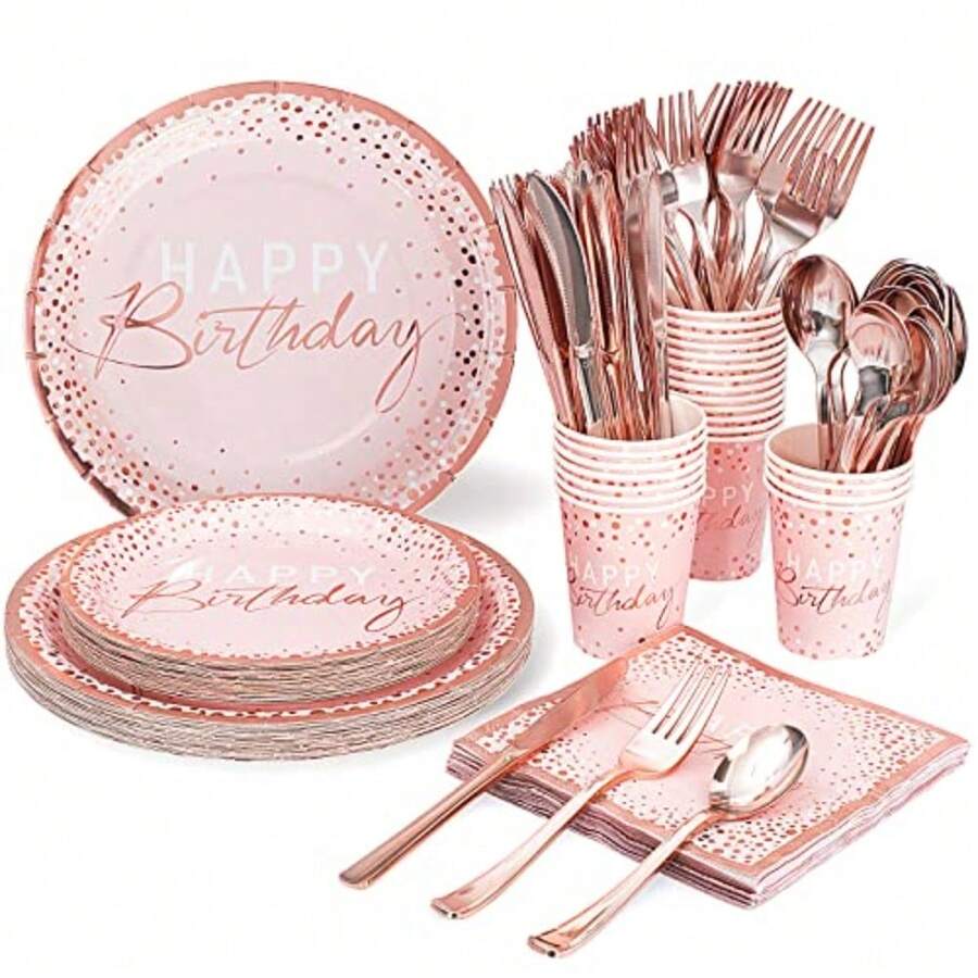 175PCS Happy Birthday Plates And Napkins Party Supplies Paper Pink And Rose Gold Plastic Forks Knives Spoons Serve 25 Guests For Girl Women - 粉紅色和玫瑰金 - 查看 1