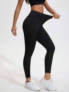 女士高腰收腹瑜伽裤，纯色运动紧身裤，82.5% 涤纶，17.5% 氨纶，全长，四季针织面料，弹性腰带，无腰带，适合跑步、健身和瑜伽 - 黑色 - 查看 2