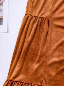Boho Style High Waist Velvet Flare Pants, Tiered Ruffle Hem Wide Leg Trousers, Vintage Fall Winter Bottoms - 棕色 - 查看 7