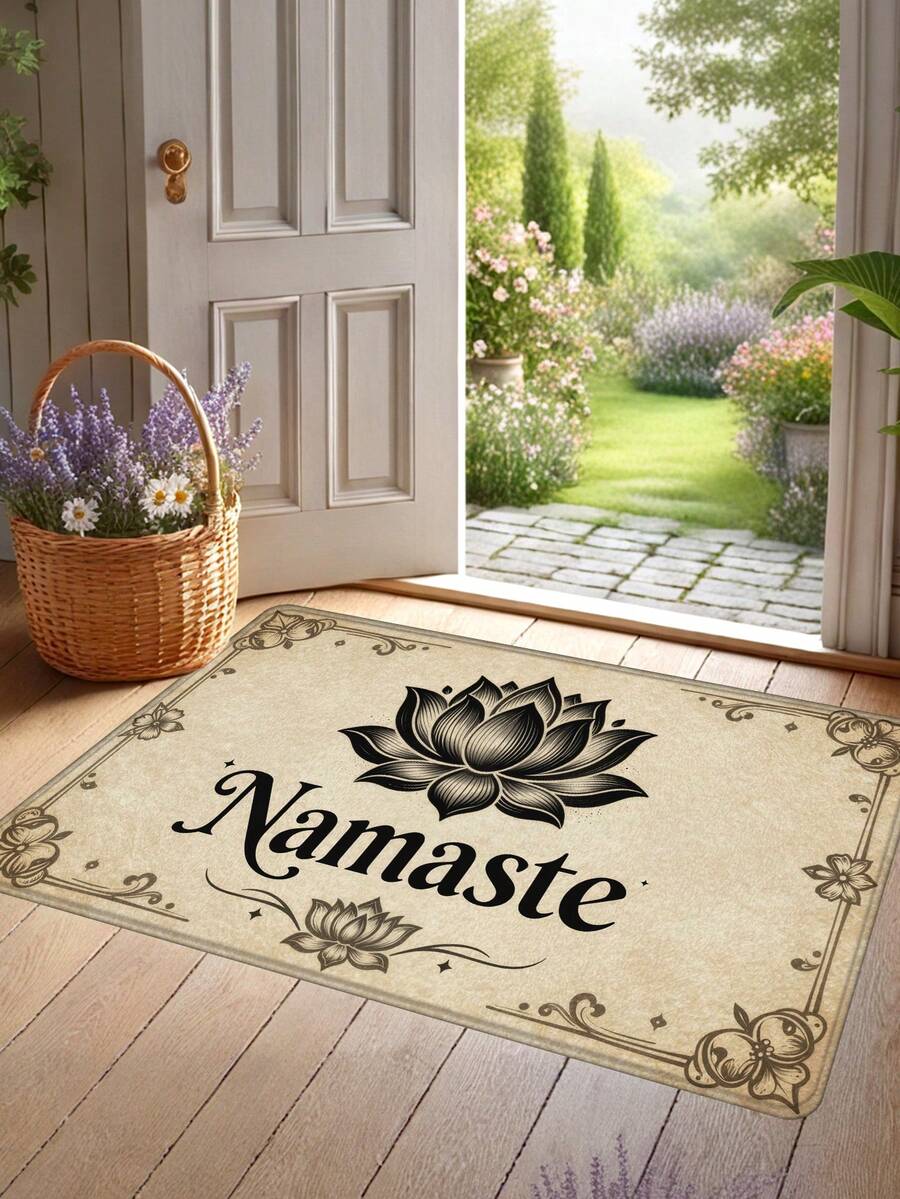 1 件复古做旧莲花图案及“Namaste”设计门垫,现代简约吸水防滑浴室垫,客厅卧室玄关地毯,户外地毯,厨房餐厅浴室入口地垫 - 復古蓮紋祝福 - 查看 1