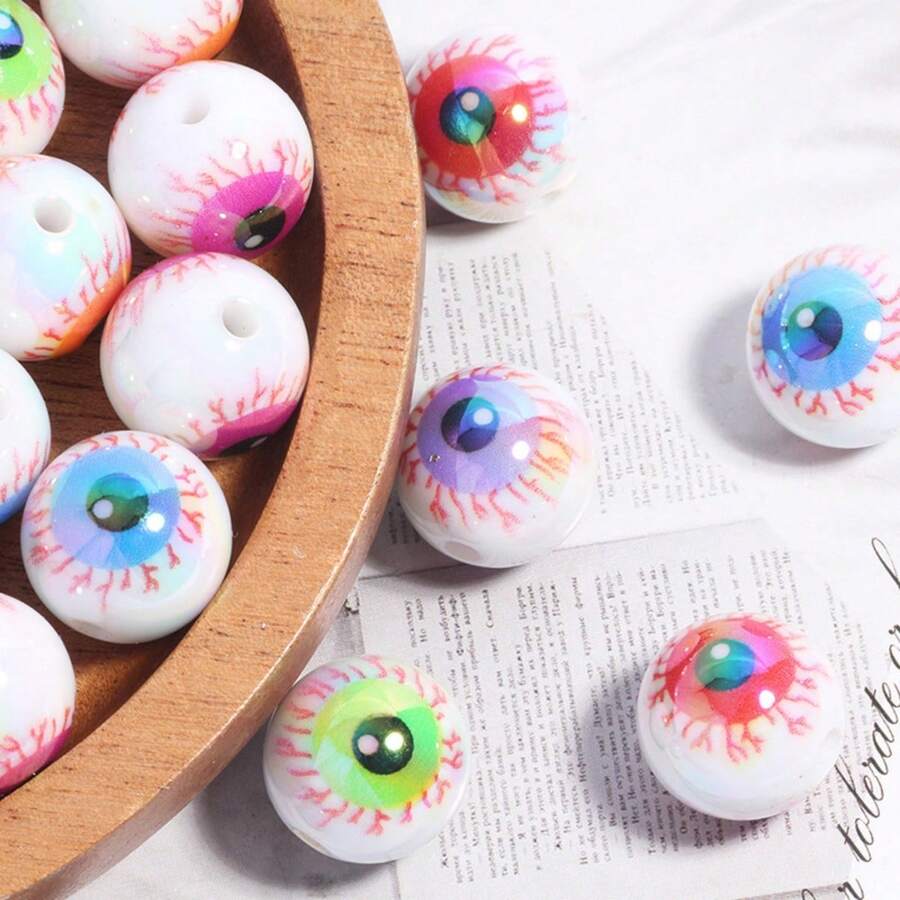 10/20pcs Acrylic Colorful Horror Eyeball Beads, Printed Hole Round Loose Beads, Suitable For DIY Jewelry Making, Pens, Necklaces, Bracelets, Earrings, Bag Chains, Keychains, Keyring Decorative Beading - Multicolor - View 1