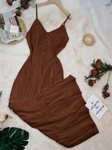 女士抽绳荷叶边腰身A字型长裙，适合办公室穿着，优雅性感，也适合度假、海滩、夏威夷、浪漫约会、情人节、音乐会、婚礼季等场合，尽显波西米亚风情。 - 棕色 - 查看 8