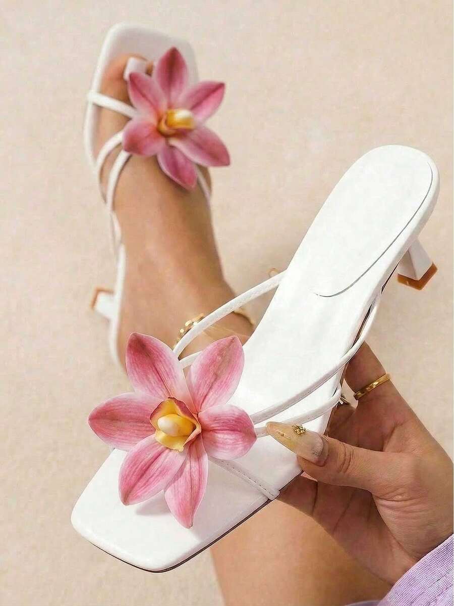 planare 新款3D粉色花朵装饰高跟凉鞋，优雅低跟高跟鞋，适合海滩、派对、约会和婚礼季，可搭配比基尼、连衣裙，夏季时尚优雅高跟凉鞋，新娘高跟鞋