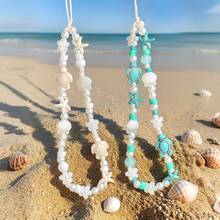 Summer Ocean Life Style Starfish, Sea Turtle, Faux Pearl, Seashell, Flower Beaded Soft Clay Chain Phone Lanyard, Travel Holiday Accessory Pendant - Multicolor - View 1
