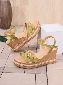 女士夏季新款鞋履，时尚凉鞋，休闲圆头绿色厚底坡跟复古罗马女士拖鞋，舒适百搭波西米亚风多场合踝带高跟凉鞋 - 青檸色 - 查看 4