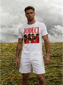 Conjunto para hombre estilo streetwear retro hip hop con estampado gráfico y letras algodón cómodo ajuste holgado cuello redondo manga corta primavera verano uso casual set de playera y shorts - Blanco 1 - Ver 2