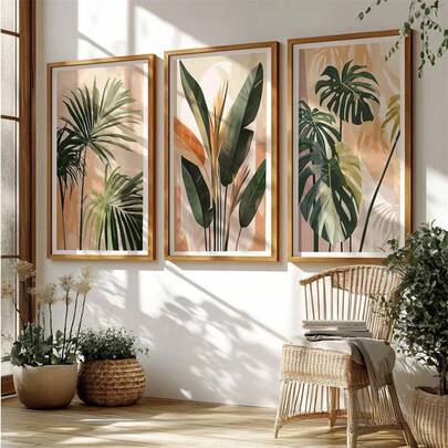 Watercolor Botanical Canvas Paintings | Vintage Palm Tree Leaves Flowers Art Prints - Modern Minimalist Style Decoration Poster, Suitable For Bedroom And Living Room Home Decor, Housewarming Gifts Optional Frame