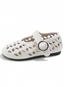 1 Pair Girls Hollow Out Shoes, Non-Slip Round Toe Hook And Loop Simple Princess Style, Suitable For Daily Wear - Beige - View 8