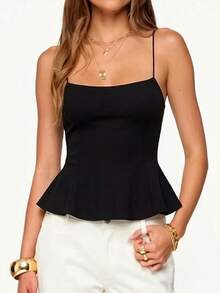 Women's Summer Flared Hem Camisole Sleeveless Open Back Solid Color Cami Tank Tops - Black - View 6