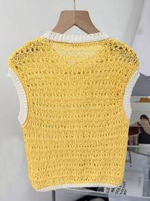 女士夏季母亲节服装，母亲节礼物，休闲优雅黄色圆领无袖金属纽扣针织开衫，适合日常穿着 - 黃色 - 查看 4