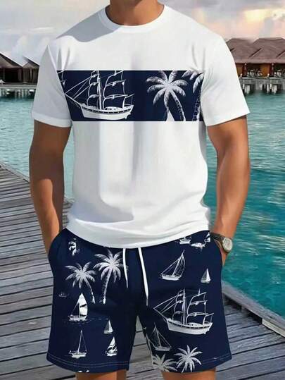 Bộ đồ nam tay ngắn và quần short, áo thun cổ tròn in hình quả dừa và quần short 2 món, phong cách nghỉ hè, trang phục thể thao ngoài trời thoải mái, lựa chọn quà tặng tuyệt vời cho bạn bè.