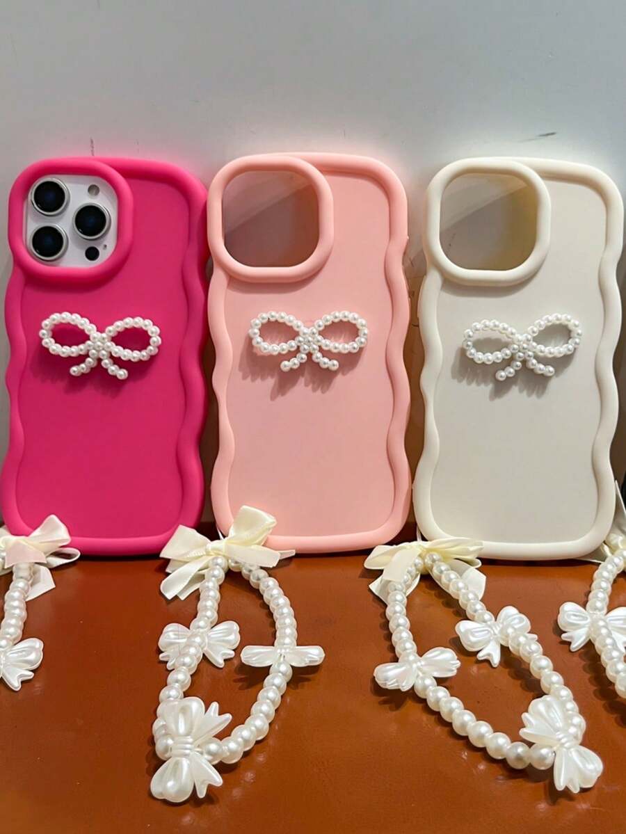 1个可爱粉色波浪边手机壳，带3D珍珠蝴蝶结和腕带 | 简约防震防滑防刮手机保护套 | 适用于 17 Pro Max | 适用于 17/16/15/14/13/12/11系列、S20-S25系列、Note 14/13/12系列和A56 5G | 理想的情人节/新年礼物
