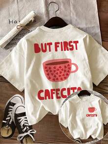 Camiseta de algodón de 180g para mujer, camiseta casual con estampado vintage de taza de café y corazón, cuello redondo, mangas cortas, estampado divertido Drink Coffee First, adecuada para el uso diario, salidas informales, versátil para uso en casa y paseos al aire libre. Sencilla y versátil, estilo de nicho a, la primera opción para parejas. - Negro - Ver 8