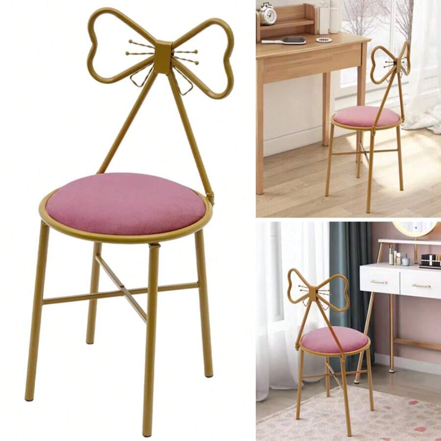 Versatile Makeup Dressing Chair Stylish Pink Vanity Stool W/Bow Knot Backrest - Pink - View 1