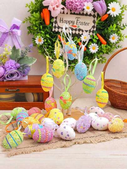 12pcs Foam Easter Hanging Eggs, 2.36 Inch Striped Easter Eggs, Glitter Spring Hanging Egg Tree Decorations Suitable For Party, Birthday, Home, Garden, Easter Egg Hunt