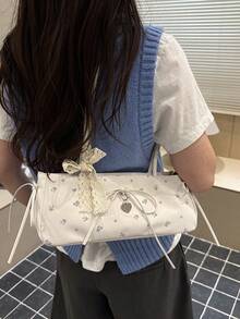 Nuevo bolso de moda con estampado completo, decoración de lazo de encaje, elegante bolso de hombro de metal de uso múltiple para mujeres, adecuado para compras, billetera, compras, mujeres jóvenes, estudiantes universitarios, recién casados, trabajadores de cuello blanco. Ideal para oficina, escuela, trabajo, transporte, actividades al aire libre, viajes, salidas y otras ocasiones. - Blanco - Ver 3