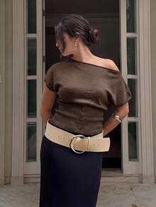 HoloChill Women Off-Shoulder Batwing Sleeve Knit Top, High Stretch Fabric, Button Detail, Regular Length, Asymmetric Hem, Summer Blouse, Women's Spring Clothing, Women's Holiday Party Top, Women's Beach Outfit, Women's Casual Outerwear, Women's Elegant Summer Vacation Wear - Coffee Brown - View 3