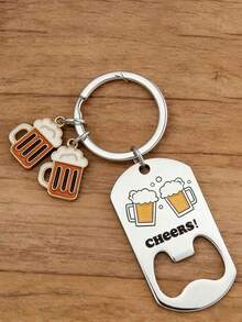 1pc Stainless Steel Engraved Metal Keychain Bottle Opener, Wine Glass & Bottle Design, Birthday, Christmas, Father's Day Gift - Multicolor - View 2