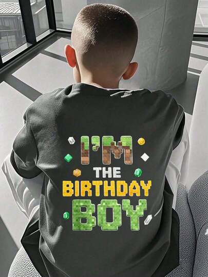 Tween Boy "I'm The Birthday Boy" Pixel Print T-Shirt, Suitable For Events, Casual Wear, Parties, Birthday Gift, Birthday Party , Ideal Gift For Birthday Celebrations, Summer Top
