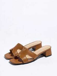 Giày sandal đế xuồng mũi vuông gót chunky cho nữ, giày lười thoáng khí mùa hè, thích hợp cho dự tiệc và thường ngày, sandal cao gót hở mũi thanh lịch thoải mái, giày đi biển màu nâu. - màu nâu - Xem 4