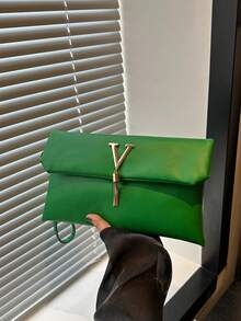 Elegant French Style Solid Color Minimalist Retro Women's Clutch Bag, With Metal Oval Buckle And Tassel Decor, Suitable For Evening, Party And Other Occasions - Green - View 8