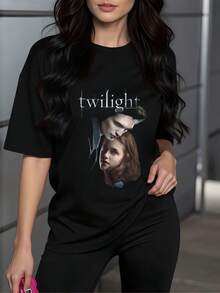 Luz misteriosa que refleja la conexión entre la noche y los sueños evocando emociones profundas y un aire de fantasía 220g camiseta de mujer casual moderna de manga corta cómoda - Negro - Ver 8