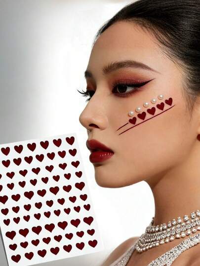 1 miếng dán mặt hình trái tim màu đỏ rượu vang kiểu retro, miếng dán trang điểm sáng tạo chống thấm nước dành cho các cô gái dự tiệc, miếng dán trang điểm Halloween/lễ hội âm nhạc, miếng dán trang trí không khí ngày Valentine.