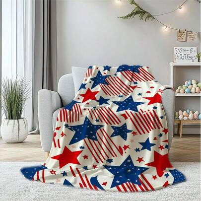 1 pieza Colcha de franela con estampado de bandera americana. Estilo retro para sala de estar o dormitorio. Una manta para la siesta de mediodía para mantener el calor. También adecuada para diversas decoraciones festivas.