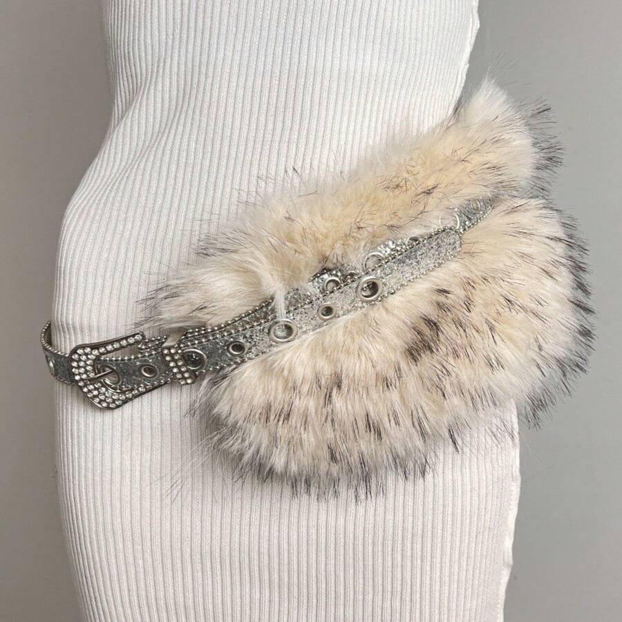 A Rhinestone And Fur Patchwork Belt, Shiny Fur Belt, New Y2K Versatile Pin Buckle Eyelet Spicy Girl Belt - Mẫu 5 - Xem 1