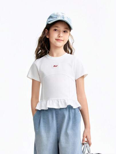 Annil Girls' Short-Sleeved T-Shirt, Knitted Sweater For Middle And Large Children, Cool And Stretchy Casual Top For Girls.