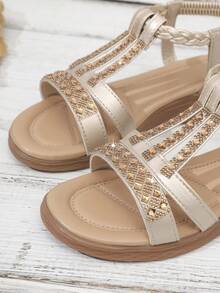 Sandales à plateforme pour femmes avec strass tressés, élastique, semelle épaisse, couleur unie, plage, élégante, gracieuse, resort, mode, décontractée, bohème, sexy, compensée, plateforme, été - Doré - Voir 3