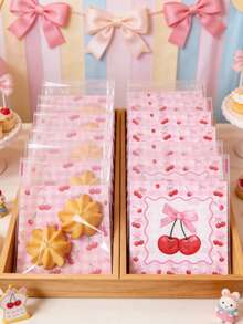 100pcs Cherry Bow Gift Bags, Self-Seal Bags, Girls Birthday Party Favor Bags, Baby Shower Candy Bags, Gender Reveal Party Cookies Bags, Wedding Candy Bags, Bridal Shower Favors, Pink Party Gift Packaging Bags, Baking Packaging Bags, Party Table Decor, Pink Bow Decor, Cherry Decor, Birthday Gifts, Party Favors - Cherry Bow - View 2