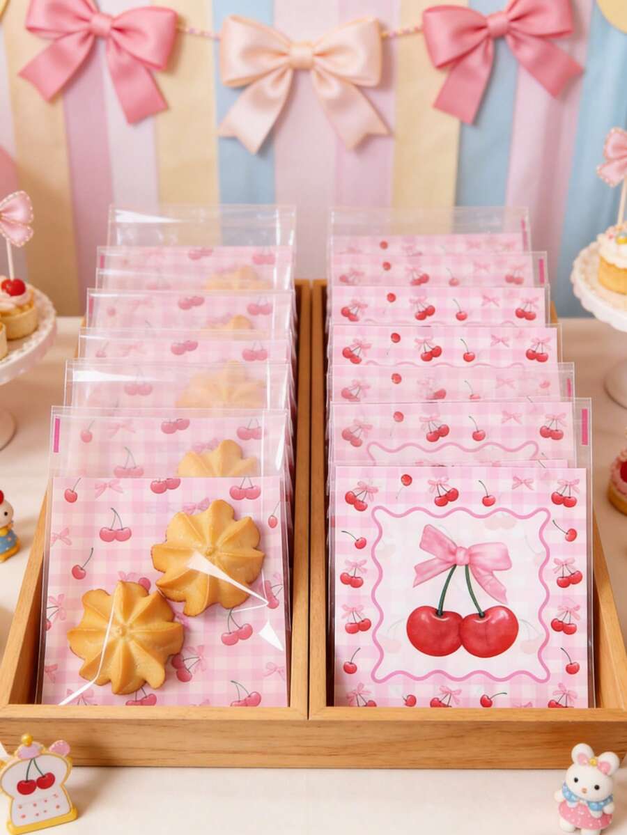 100pcs Cherry Bow Gift Bags, Self-Seal Bags, Girls Birthday Party Favor Bags, Baby Shower Candy Bags, Gender Reveal Party Cookies Bags, Wedding Candy Bags, Bridal Shower Favors, Pink Party Gift Packaging Bags, Baking Packaging Bags, Party Table Decor, Pink Bow Decor, Cherry Decor, Birthday Gifts, Party Favors