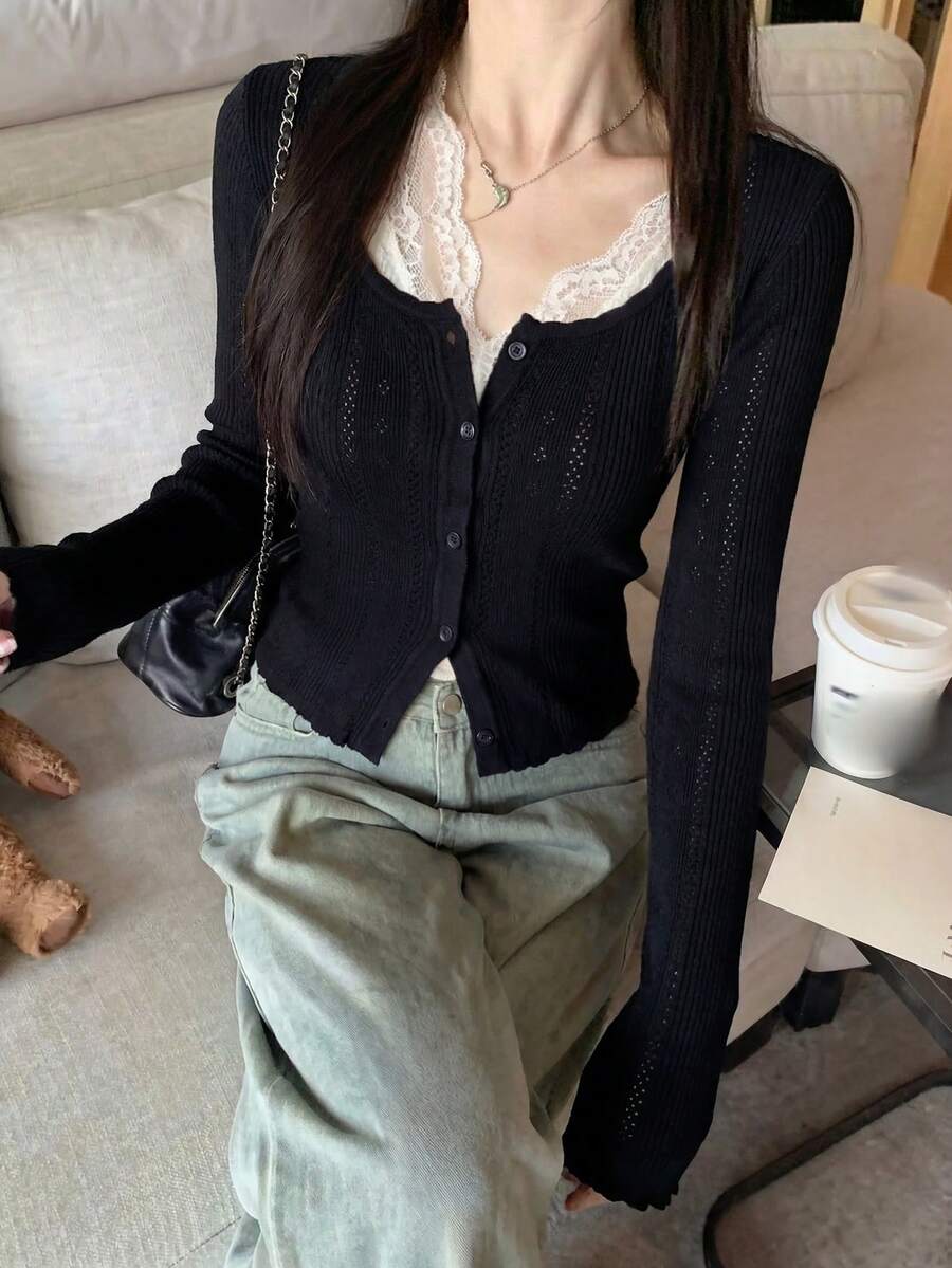 春夏新款镂空针织开衫,设计精巧的小码短款长袖上衣,温柔优雅,适合通勤和约会穿着。 - 寶藍色 - 查看 1