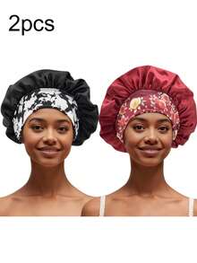1/2/3/4/5pcs Silk Sleep Cap, Women Wide Brim Elastic Band Printed Sleep Hat, Soft Silk Sleep Bonnet, Suitable For Curly Hair (Random Print Pattern),Holiday,Travel - Color - View 38
