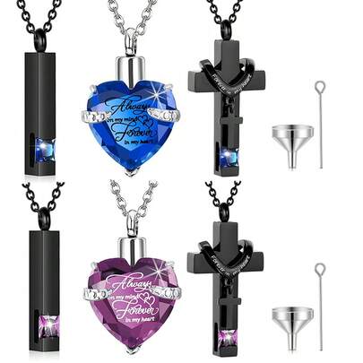 三件套骨灰盒项链，竖条十字架，心形水晶项链，不锈钢防水纪念吊坠，骨灰首饰