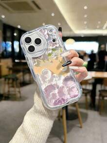 Cream Textured Wavy Edged Glossy Floral & Moon Painted Anti-Drop Phone Case Compatible With IPhone/ Galaxy/ - Multicolor - View 2