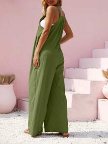 Women's Casual Solid Color Button Strap Wide Leg Jumpsuit, Spring/Summer Elegant - Army Green - View 4