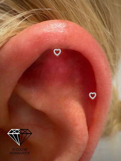 EleRunis 1PC 0.1ct Moissanite Rhinestone 925 Sterling Silver Heart 18K Gold Plated Flat Back Cartilage Helix Threaded Piercing Fine Jewelry For Daily Wear Wedding Party Engagement Anniversary Valentine's Day